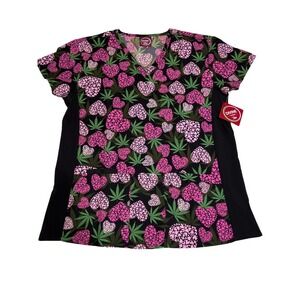 Divine Scrubs by JDM Uniforms Women L Pink Heart Cannabis Leaf V-Neck Scrub Top